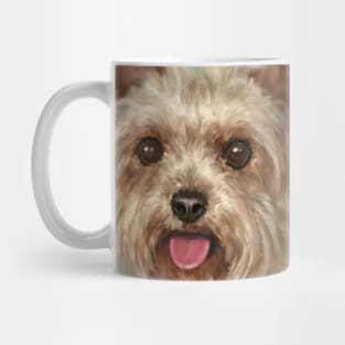 Painting of a Furry Yorkshire Terrier with Its Tongue Out on Cloudy Background Mug